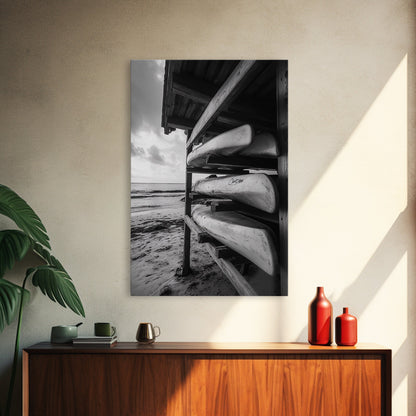 Canoes, Rack, Ocean, Shelter - Surf shack vibes with coastal canoe stack, Framed Canvas Print, great beach house or boho hallway art, grayscale