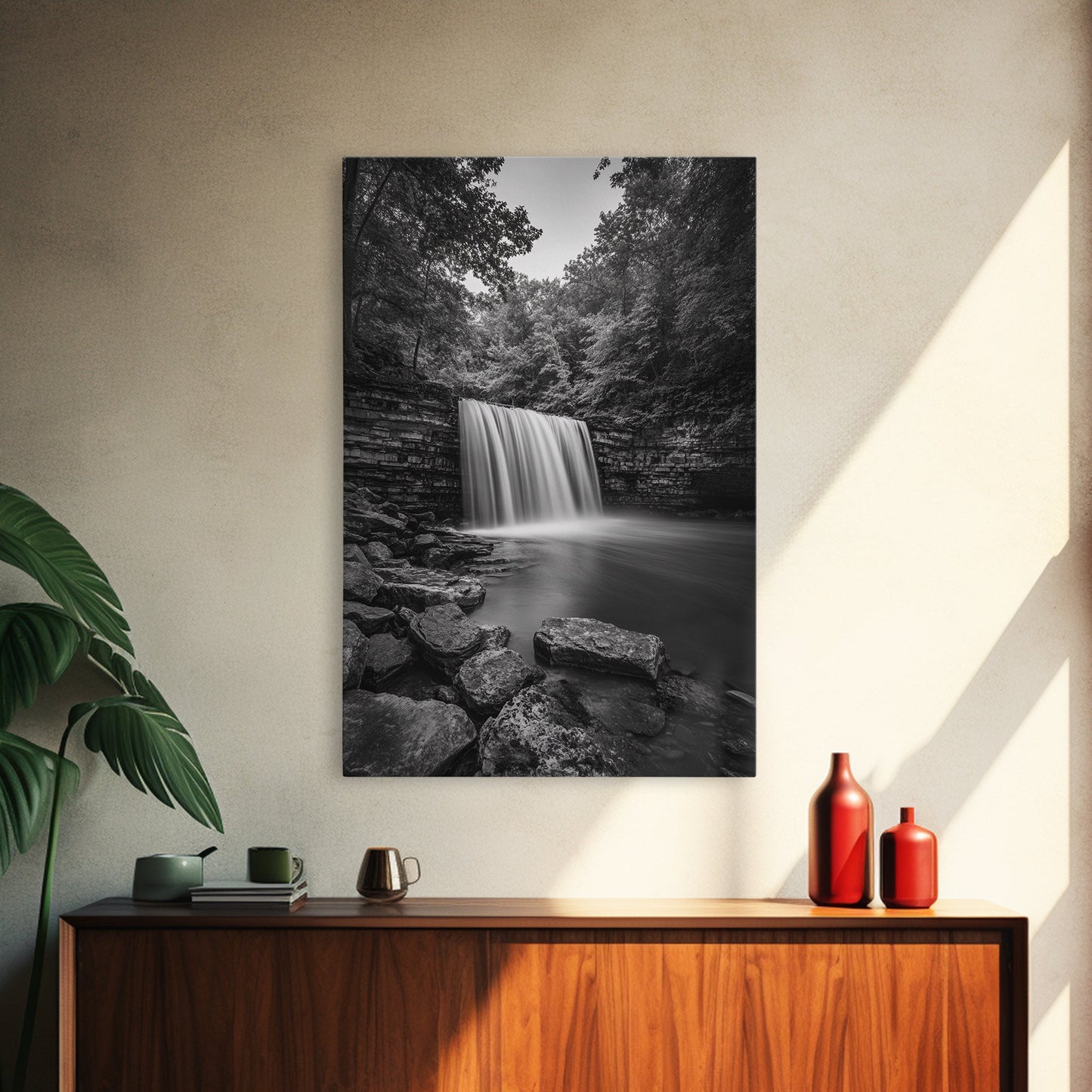 Waterfall Serenity, Nature Escape, River Rock Flow, Bedroom Wall Decor, Framed Canvas Print, Modern Rustic Forest Wall Art