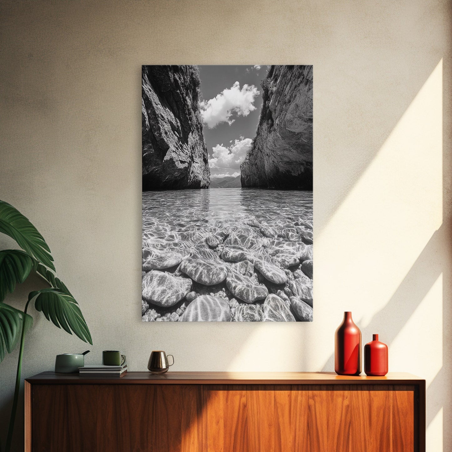 Clear Waterscape, Rocky Shoreline, Tropical Escape, Nature Photography, Framed Canvas Print, Beach House Coastal Wall Art