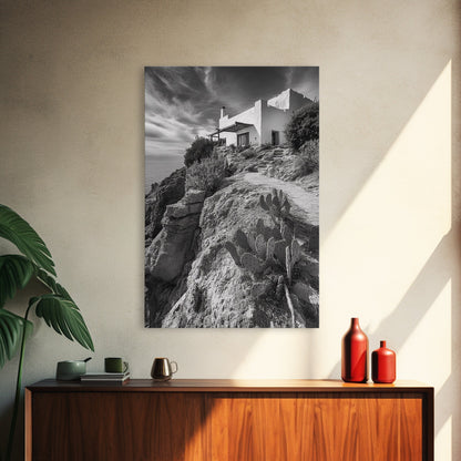 Cliffside Villa, Mediterranean Home, Desert Garden, Rustic Landscape Print, Framed Canvas Print, Modern Boho Living Room Art