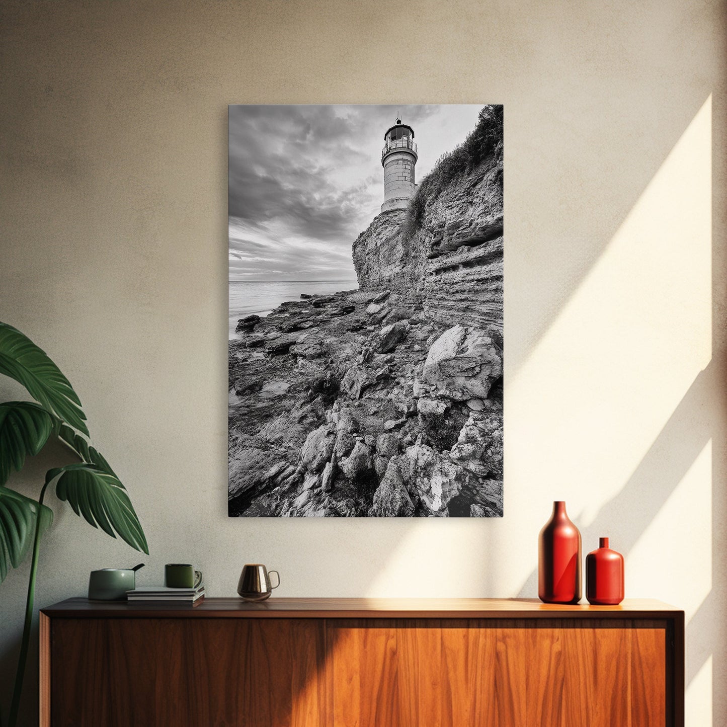Lighthouse Beacon, Rocky Shoreline, Nautical Coastal Scene, Framed Canvas Print, Ocean View Art, Seaside Living Room Wall Decor