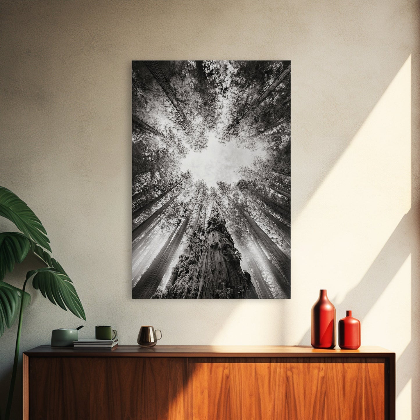 Redwood Canopy Sky, Majestic Forest Trees, Vertical Nature Scene, Framed Canvas Print, Wilderness Wall Art, Lodge or Den Decor