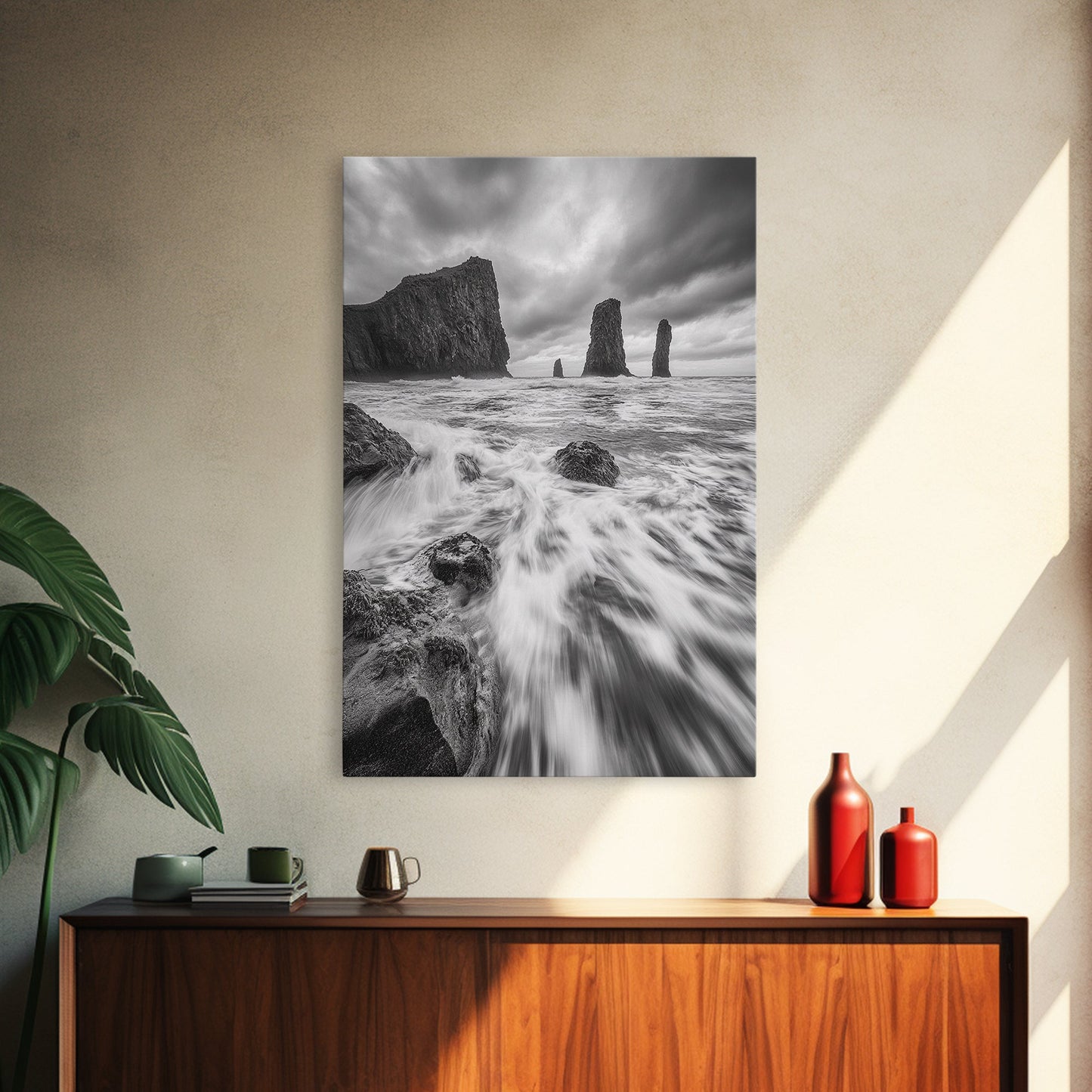 Sea Stacks Seascape, Ocean Art, Moody Coastline Print, Nature Photography, Framed Canvas Print, Living Room Wall Art, Black White Seaside