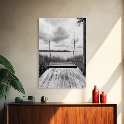 Lake Swing, Cloudy Sky, Calm View, Framed Canvas Print, Farmhouse Wall Art, Serene Kitchen Decor, Rustic Black and White Photography