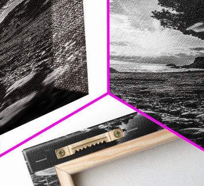 Sunset Beach View, Wide Angle Perspective, Nature Shoreline, Monochrome Landscape, Framed Canvas Print, Hallway Wall Art, Beach Decor