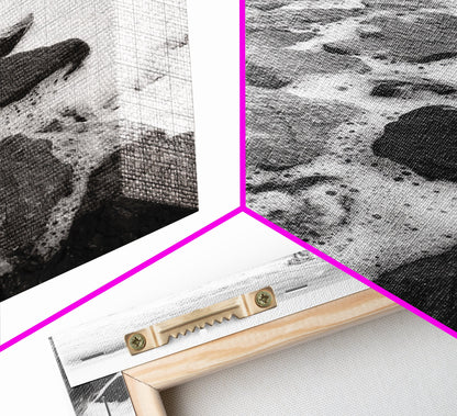 Rocky surf path, ocean jetty power, dramatic sea waves, black white beachscape, Canvas Print, bathroom wall art, nautical minimalist decor