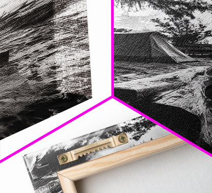 Tent, Beach, Sunset, Trees - Rustic camping coastal escape vibe, Framed Canvas Print, ideal bedroom or adventure nursery decor, outdoor art