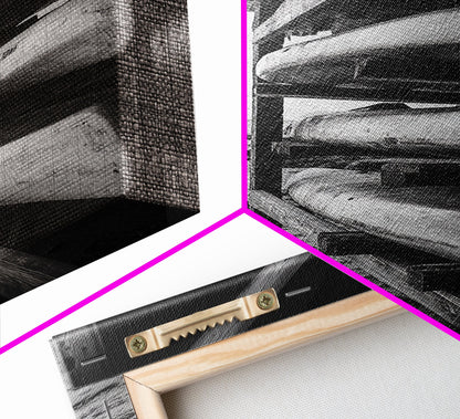 Canoes, Rack, Ocean, Shelter - Surf shack vibes with coastal canoe stack, Framed Canvas Print, great beach house or boho hallway art, grayscale