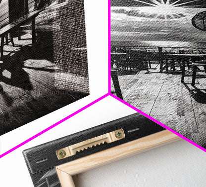 Ocean, Deck, Sunset, Rays - Golden hour beach bar shadows, Canvas Print, perfect dining room or kitchen wall art, rustic coastal decor