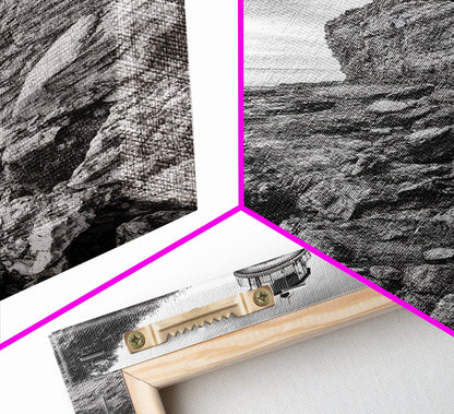 Lighthouse Beacon, Rocky Shoreline, Nautical Coastal Scene, Framed Canvas Print, Ocean View Art, Seaside Living Room Wall Decor