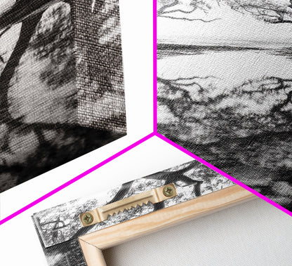 Misty Forest Trees, Reflection Photography, Nature Landscape, Canvas Print, Neutral Tones, Bedroom Wall Decor, Moody Autumn Forest Art