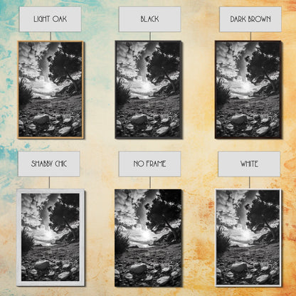 Sunset Beach View, Wide Angle Perspective, Nature Shoreline, Monochrome Landscape, Framed Canvas Print, Hallway Wall Art, Beach Decor