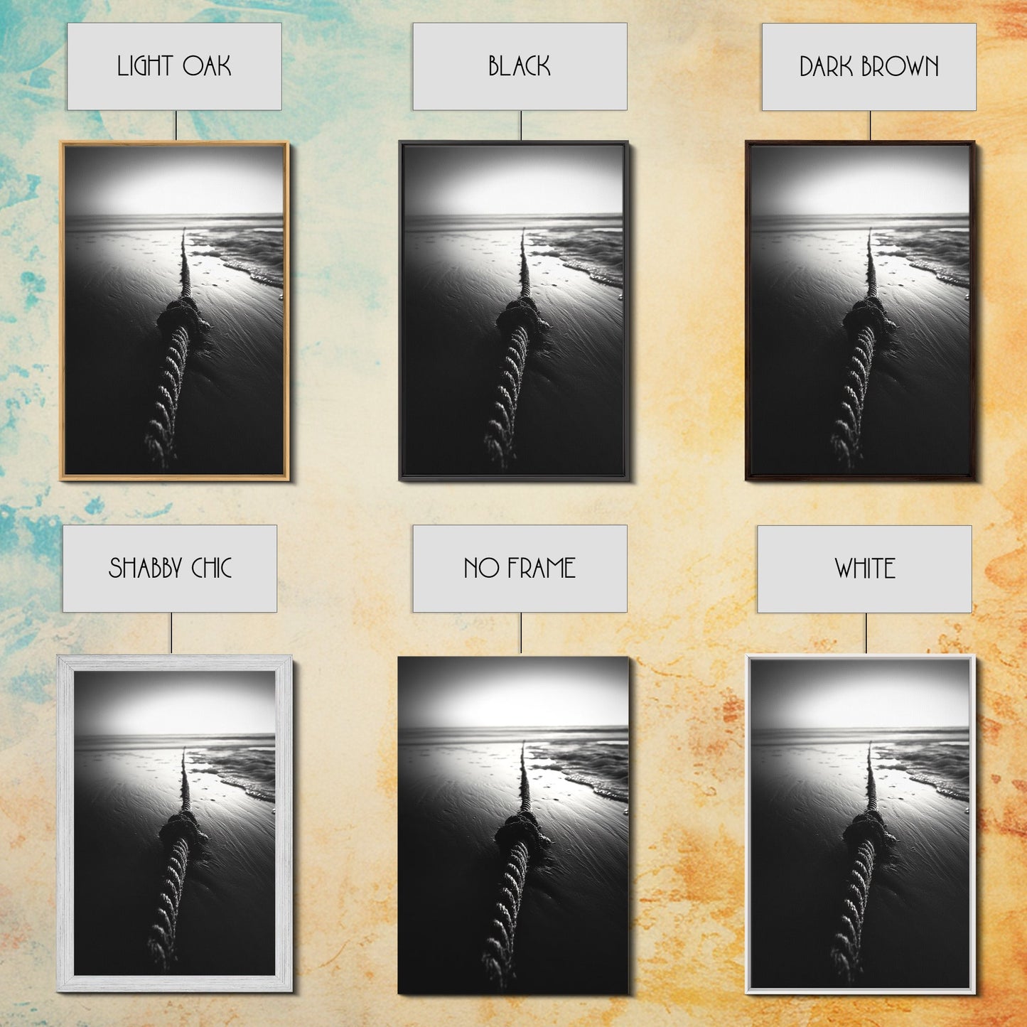 Ocean Rope Shore, Nautical Minimalism, Seaside Monochrome, Black and White Calm, Framed Canvas Print, Bedroom Wall Art, Coastal Decor