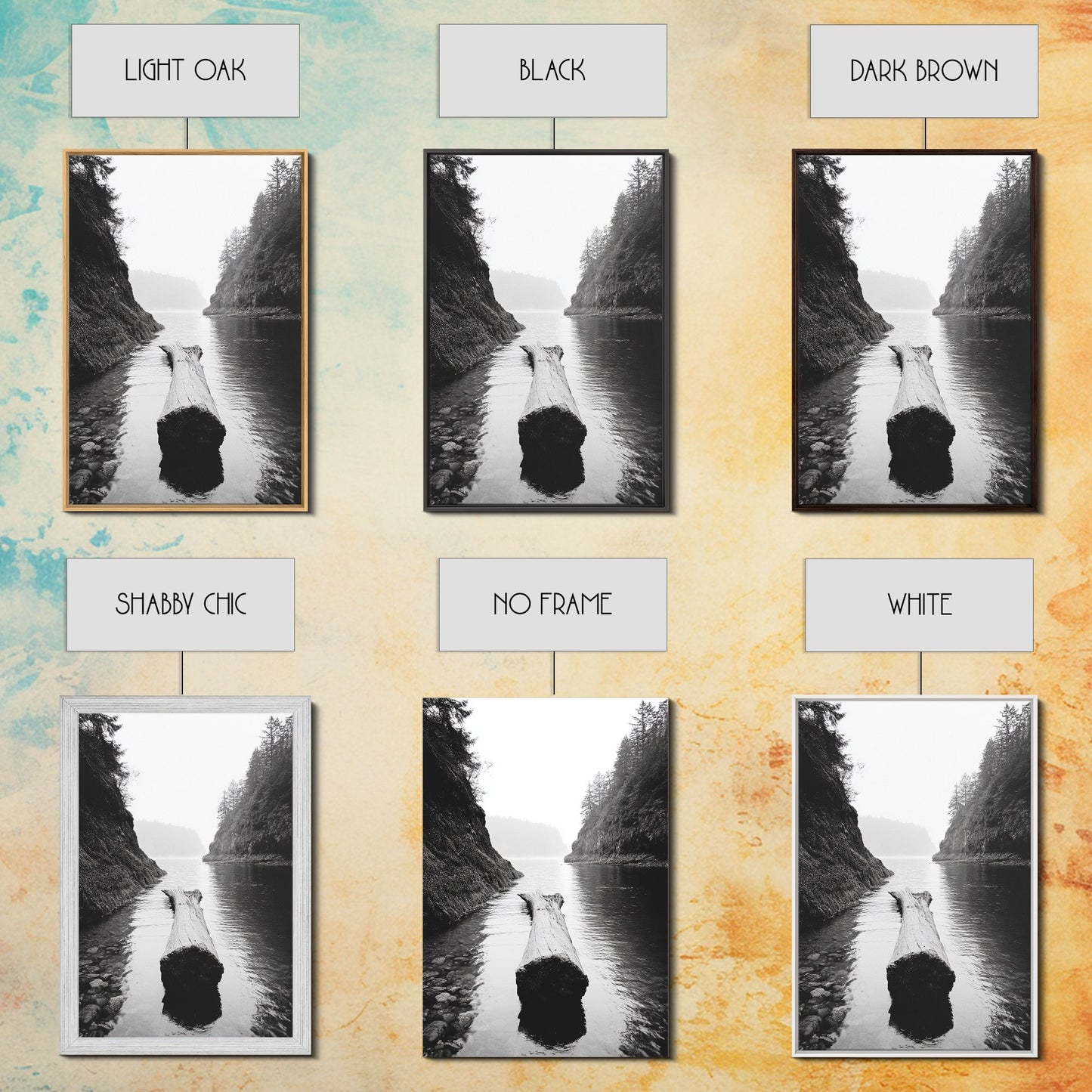 Driftwood Log, River Pass, Nature Silence, Misty Gorge, Framed Canvas Print, Office Wall Art, Modern Nature Decor, Moody Forest Style