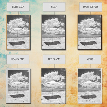 Beach Umbrella, Sunny Escape, Coastal Cloudscape, Framed Canvas Print, Summer Vibe Wall Art, Outdoor Living Decor, Travel Mood