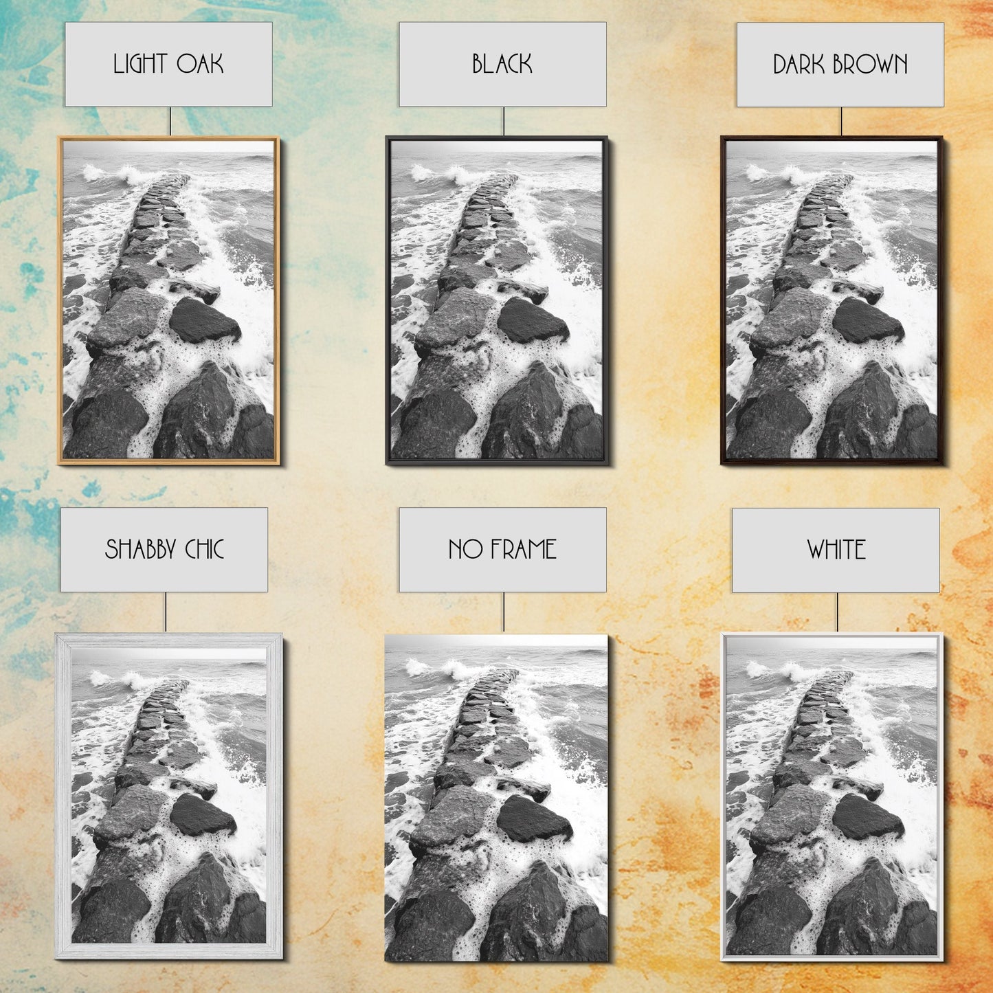 Rocky surf path, ocean jetty power, dramatic sea waves, black white beachscape, Canvas Print, bathroom wall art, nautical minimalist decor