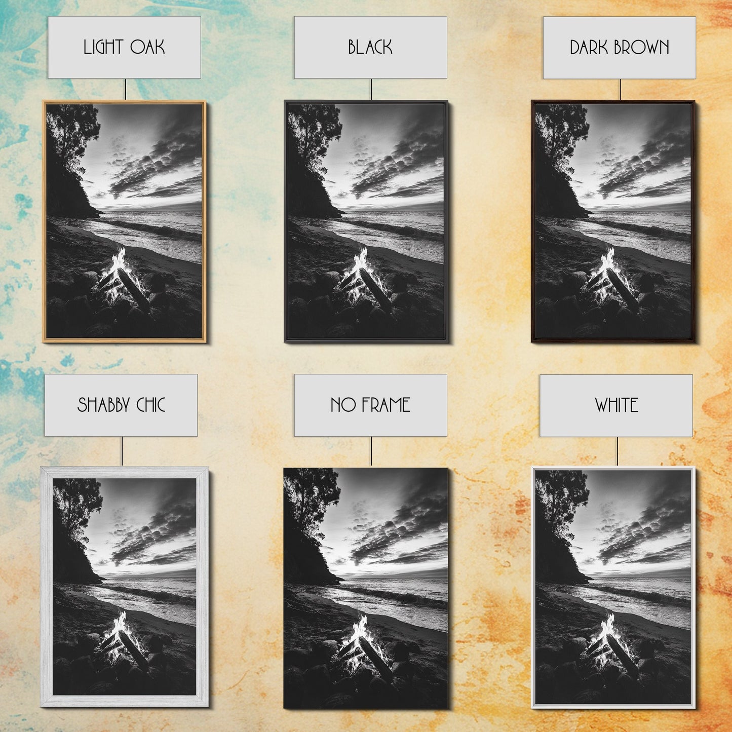 Shoreline fire night, beach flames, evening waves, rustic warmth, Canvas Print, Autumn decor, outdoor adventure minimalist wall art