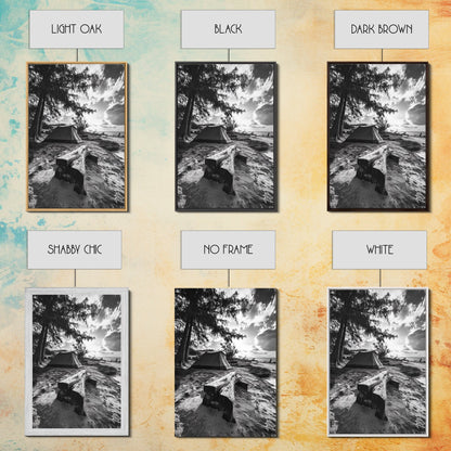 Tent, Beach, Sunset, Trees - Rustic camping coastal escape vibe, Framed Canvas Print, ideal bedroom or adventure nursery decor, outdoor art