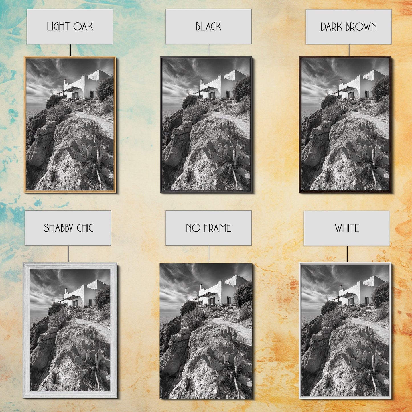 Cliffside Villa, Mediterranean Home, Desert Garden, Rustic Landscape Print, Framed Canvas Print, Modern Boho Living Room Art