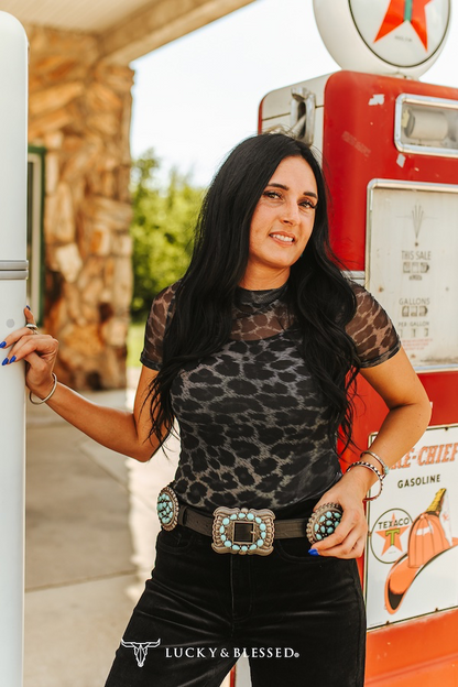 Lucky & Blessed Grey Leopard Short Sleeve Mesh Top Plus Size