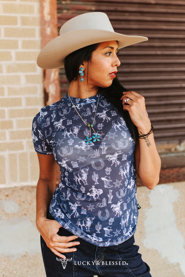 Lucky & Blessed Western Print Short Sleeve Mesh Top Plus Size