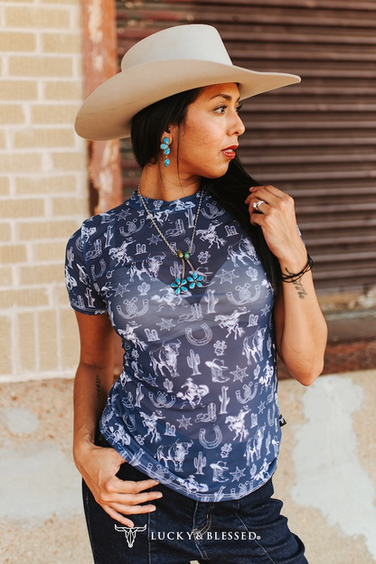 Lucky & Blessed Western Print Short Sleeve Mesh Top Plus Size