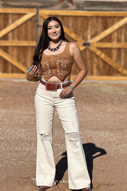 Lucky & Blessed IVORY HIGH RISE DISTRESSED BOOTCUT JEANS PLUS SIZE (33.5IN INSEAM)