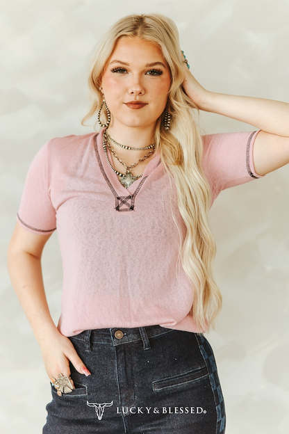 Lucky & Blessed PINK SHORT SLEEVE CONTRAST TOP PLUS SIZE