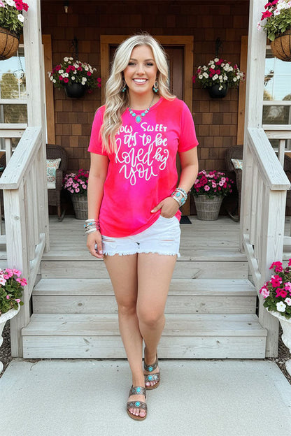 "HOW SWEET IT'S TO BE LOVED BY YOU"words printed short sleeve women fuchsia tops