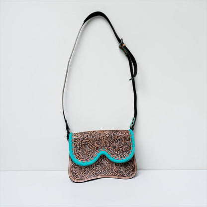 TAN/TURQUOISE TOOLED LEATHER CROSSBODY BAG
