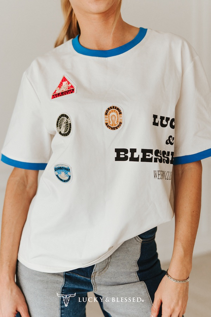 Lucky & Blessed WHITE OVERSIZE WESTERN PATCH T-SHIRT PLUS SIZE