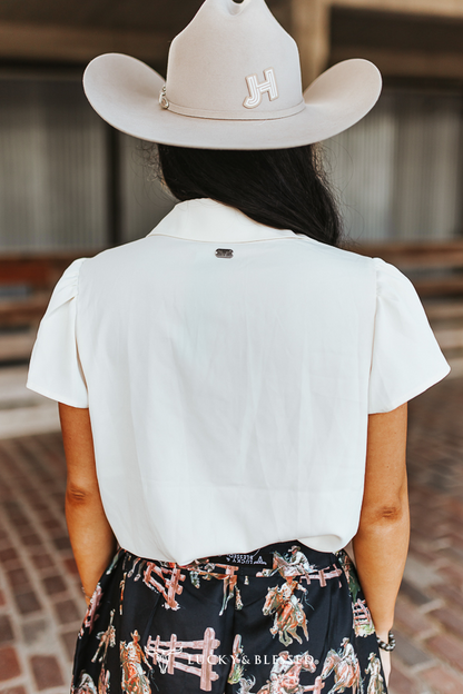 Lucky & Blessed IVORY RODEO GIRL ROPE EMBROIDERED BUTTON DOWN PUFF SHORT SLEEVE TOP PLUS SIZE