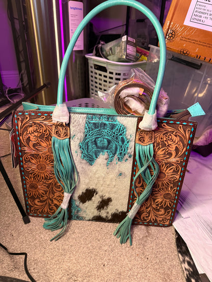 Turquoise Cowhide & Tooled Leather Tote Bag