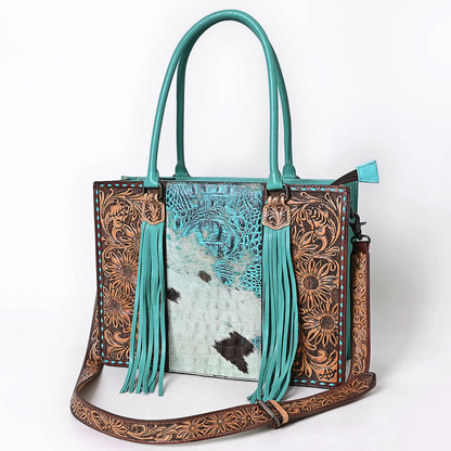 Turquoise Cowhide & Tooled Leather Tote Bag