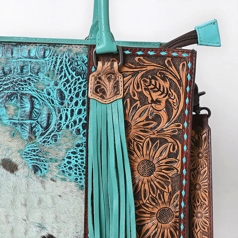 Turquoise Cowhide & Tooled Leather Tote Bag