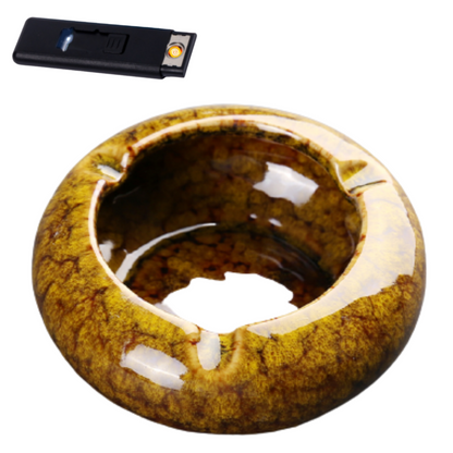 Round Glossy Ceramic Ashtrays + Flameless Lighter (BROWNISH)