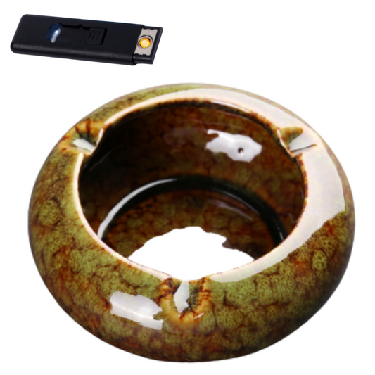 Round Glossy Ceramic Ashtrays + Flameless Lighter (GREENISH)