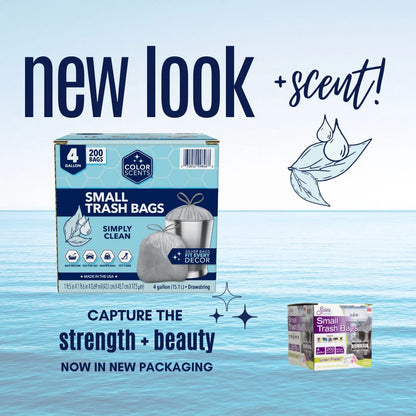 Color Scents Small Trash Bags, 4 Gallon, 200 Bags (Linen Fresh Scent, Drawstring)