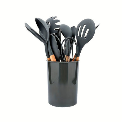 12-Piece Grey Silicone Kitchen Utensil Set with Holder – Heat Resistant