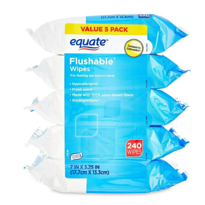 Flushable Wipes, Fresh Scent, 5 packs of 48 wipes, 240 Total Wipes
