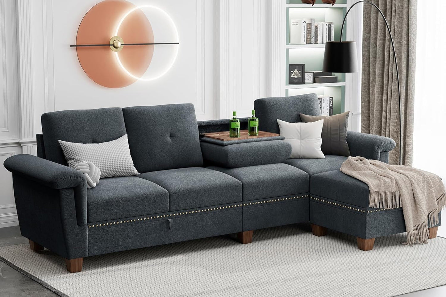 Dark Gray L-Shaped Sectional Sofa with Hidden Storage & Chaise