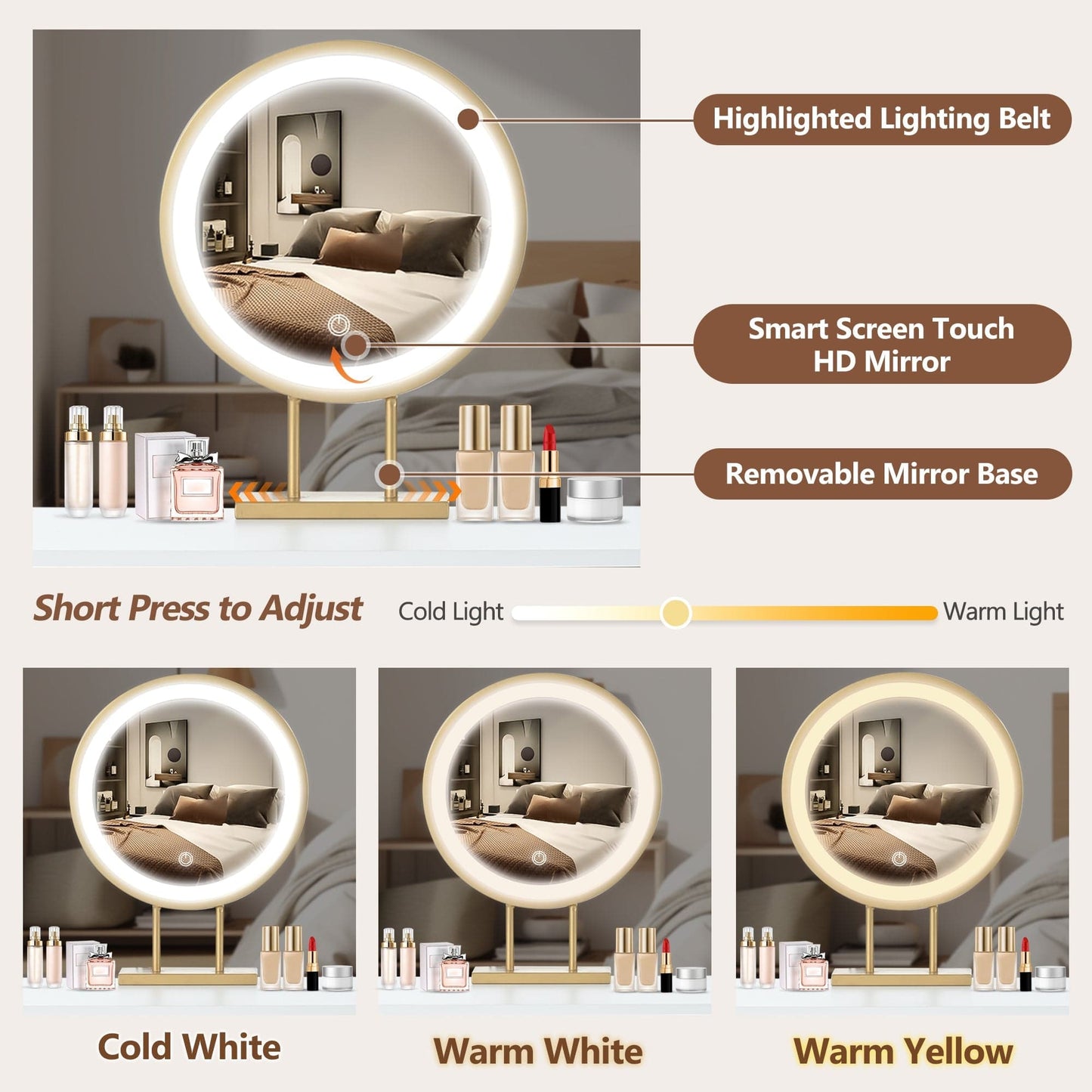 White & Gold Vanity Desk with LED Mirror – 2 Drawers, Cabinet & Touch Control Lighting