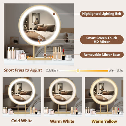 White & Gold Vanity Desk with LED Mirror – 2 Drawers, Cabinet & Touch Control Lighting