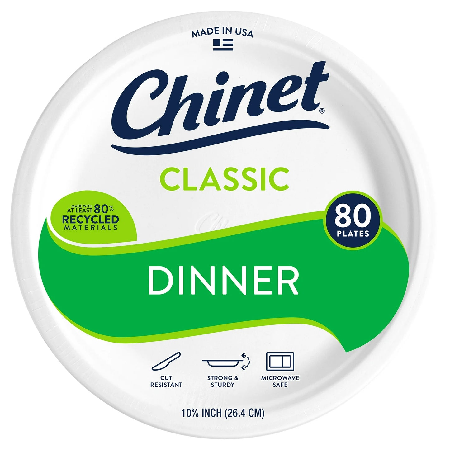 Chinet Classic Premium Disposable Paper Dinner Plates, White, 10 3/8", 80 Count