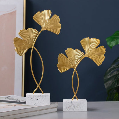Golden Leaf Metal Sculpture on Wood Base – Ginkgo & Monstera