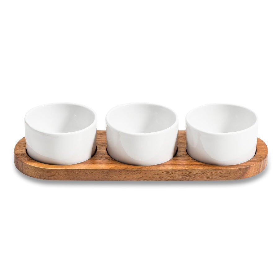 Set of 3 Ceramic Bowls with Acacia Wood Lids and Base – Elegant Kitchenware