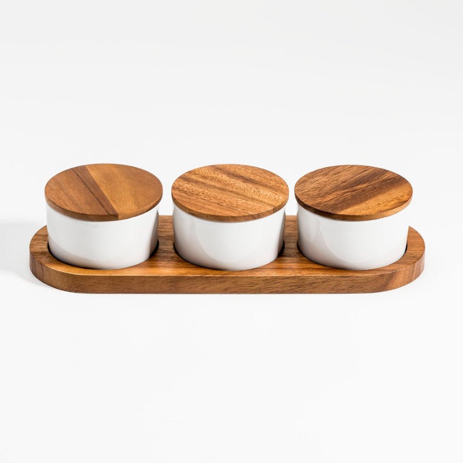 Set of 3 Ceramic Bowls with Acacia Wood Lids and Base – Elegant Kitchenware