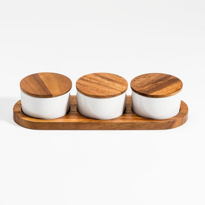 Set of 3 Ceramic Bowls with Acacia Wood Lids and Base – Elegant Kitchenware