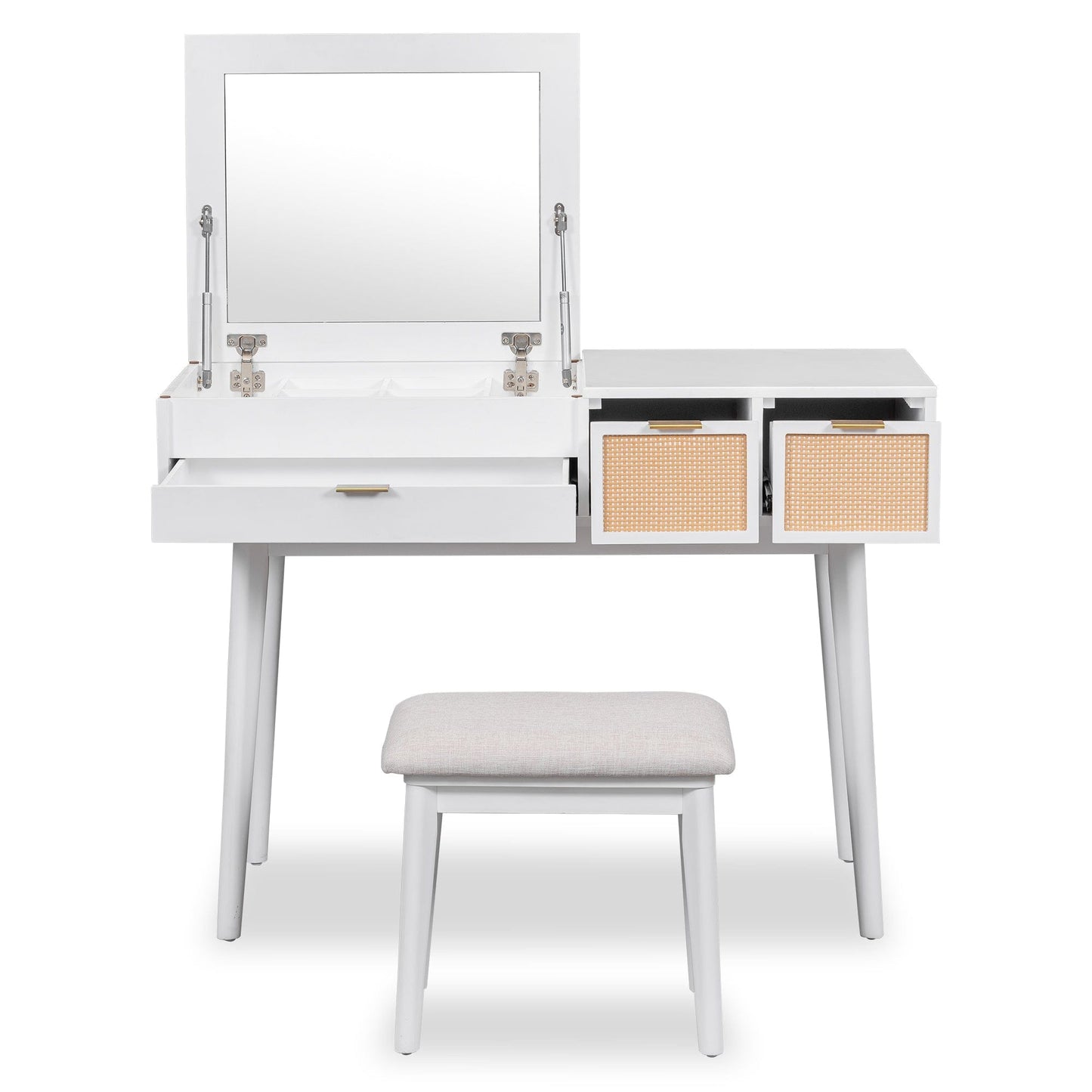 White Vanity Table Set – Hidden Mirror, Storage Drawers, and Stool