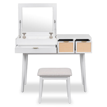 White Vanity Table Set – Hidden Mirror, Storage Drawers, and Stool